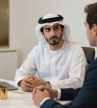 A close-up of a professional business consultation taking place in a high-end Middle Eastern / Gulf region corporate office, featuring gold stationery and white marble details. The lighting is soft and professional.
