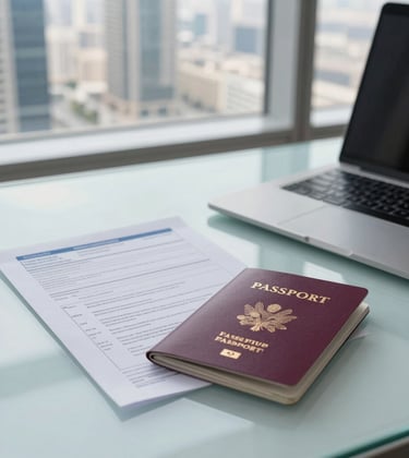 A professional desk setup in a modern Dubai office, with a passport and immigration documents on a glass table, overlooking the city through a window. The style is bright and clean with a professional, trustworthy feel.