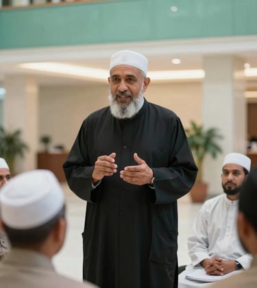 A photography of an experienced International / Global Muslim religious guide in modest professional attire, speaking kindly to a small group of pilgrims in a bright, modern lobby with green tosca accents.