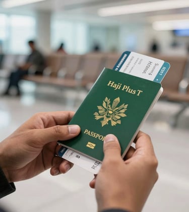 A high-quality close-up of a person's hands holding a green passport and an airline ticket with 'Haji Plus' visible. The background is a bright, modern airport lounge with soft focus. International / Global Muslim context.