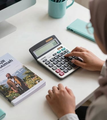 A professional overhead shot of a clean desk where an International / Global Muslim person is using a modern calculator next to a brochure for Tanur Muthmainnah travel. Soft, natural lighting highlights the light teal accents of the stationery.