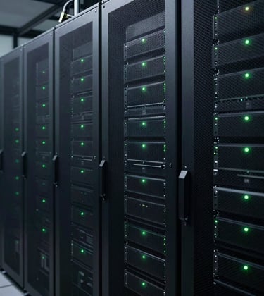 Photography of a sleek, dark-toned server room with subtle green LED status lights, representing the secure and innovative infrastructure behind the fintech platform.