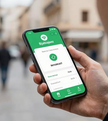 A crisp, detailed shot of a person using a mobile banking app with a green interface on a high-end smartphone, blurred urban background, North African / Algerian & European / French context.