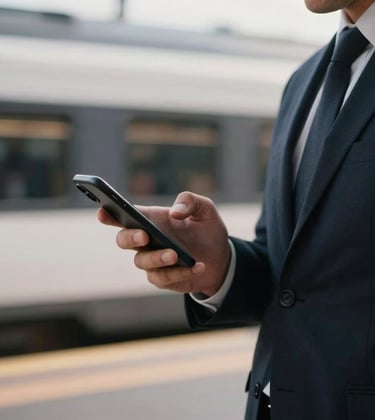 A close-up photograph of a person in professional attire in a French city, holding a smartphone while waiting for a train. The morning light is soft, reflecting a fast-paced digital lifestyle.