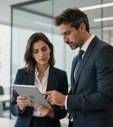 Two business partners in professional attire discussing a project over a tablet in a bright, modern glass-walled office, sophisticated atmosphere, North African / Algerian & European / French.