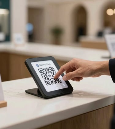 A close-up photo of a hand scanning a QR code at a stylish, modern retail counter, soft daylight, professional fintech photography style, North African / Algerian & European / French setting.