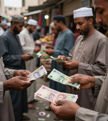 Photography of a busy marketplace in Algeria where people are exchanging paper currency, capturing the traditional cash-heavy economy that EcoPay aims to modernize.