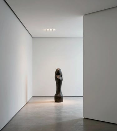 A close-up photograph of a contemporary art gallery interior in a North American / International city. Minimalist white walls, a single dark sculpture in the center, soft shadows, and clean architectural lighting. Soft, luxurious editorial style.