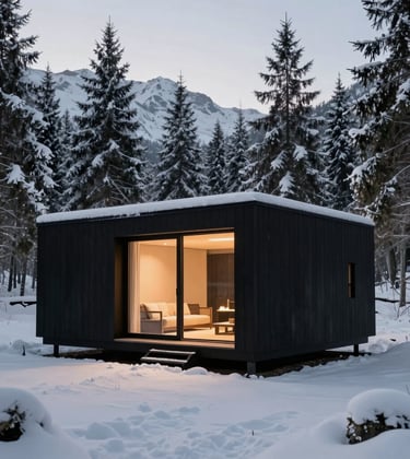 A luxury photography of a minimalist black timber cabin set against a snow-covered alpine forest. Soft, warm ambient light glows from within. High architectural precision, cinematic mood, monochromatic palette. North American / International.