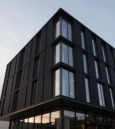 A low-angle shot of a minimalist black steel and glass facade of a modern gallery against a pale morning sky. Architectural precision, clean lines, and no distracting elements. Professional photography in a North American / International setting.