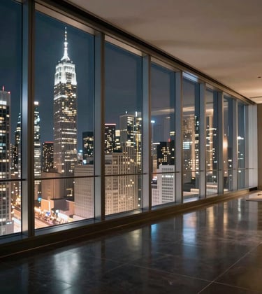 A high-end interior photography of a modern skyscraper penthouse with floor-to-ceiling glass windows overlooking a blurred city skyline at night. Sophisticated reflections of white and gold light on a polished dark floor. North American / International.