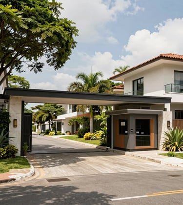 A luxury estate entrance within a gated community in Cotia. Wide paved streets, lush greenery, and contemporary security booth architecture. Bright daylight, South American / Brazilian upscale lifestyle vibes.