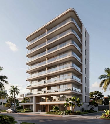 Exterior shot of a sophisticated high-end residential complex in Barueri. Modern lines, glass balconies, and manicured tropical landscaping under a clear sky. South American / Brazilian high-society architecture.