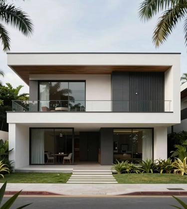 A stunning front view of a luxury house in Cotia, Brazil, showcasing modern architecture with white walls and dark gray accents surrounded by tropical greenery.