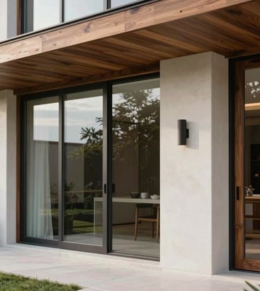 A close-up of high-quality architectural finishes on a luxury home in Granja Viana, showing wood, glass, and white concrete. Soft natural light, sophisticated South American residential design.