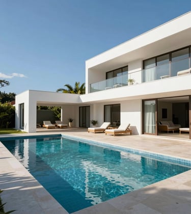 Luxury villa in Granja Viana, Brazil, featuring a minimalist swimming pool and white architectural structures under a clear bright sky. Sophisticated South American residential design.