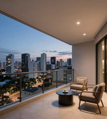 Professional photography of a contemporary apartment balcony in Barueri with a view of the city skyline at dusk. Modern furniture and clean lighting.