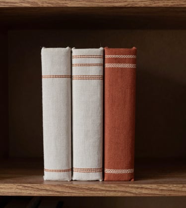 A collection of three embroidered books standing vertically on a minimalist walnut shelf, showing textured spines with intricate needlework in muted off-white and terracotta. High-end interior setting.