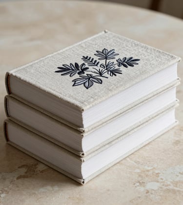 A stack of fine linen-bound books with monochromatic embroidery, resting on a beige marble surface. Soft daylight, clean lines, and an editorial composition that evokes the feeling of a high-end North American interior design studio.
