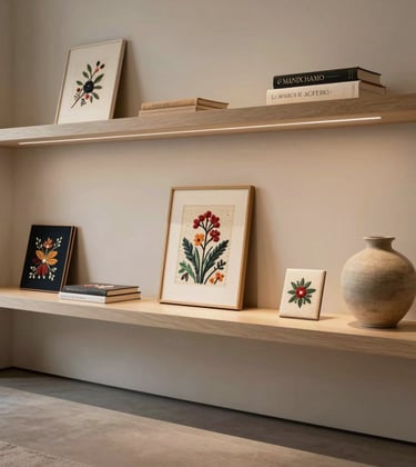 An editorial wide shot of a minimalist gallery shelf in a luxury North American home. Several embroidered art books are displayed as sculptures next to a neutral ceramic vase. The lighting is warm and serene, emphasizing visual breathing room.