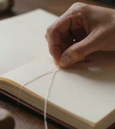 Close-up of artisan hands meticulously stitching fine silk thread into a heavy paper book leaf. The lighting is soft and cinematic, highlighting the texture of the paper and thread. Professional photography, North American luxury studio aesthetic.