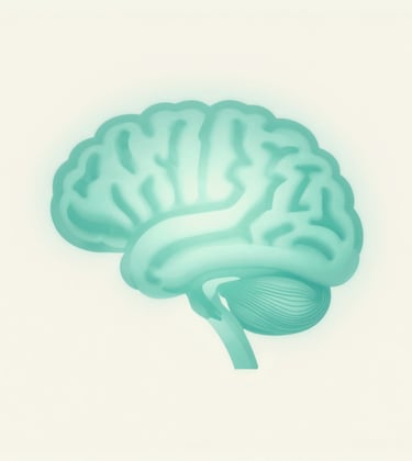 A minimalist and modern conceptual image of a quiet brain silhouette made of soft light rays, surrounded by a peaceful teal glow (#2E7D8C). The background is a clean, off-white #F7FCFA, symbolizing clarity and digital detox.