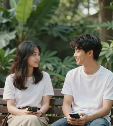 A warm and inviting photo of two young adults sitting on a bench in a lush garden, talking face-to-face with their phones put away. Soft natural lighting, deep green foliage, and a sense of genuine human connection and relief.