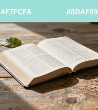 An open Bible on a rustic wooden table, with soft morning sunlight catching the pages. A single green leaf sits beside it. The image is bright, peaceful, and clean, using the brand colors #F7FCFA and #8DAF9E.