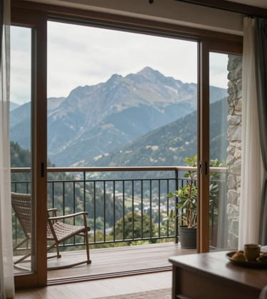 Cozy bedroom with a large window overlooking rolling green hills.
