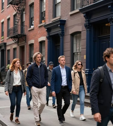 A street-level photo of a walking tour group in a historic North American / NYC neighborhood like Greenwich Village. The setting is clean and professional, with locals and tourists in stylish attire, featuring dark navy blue architectural details.
