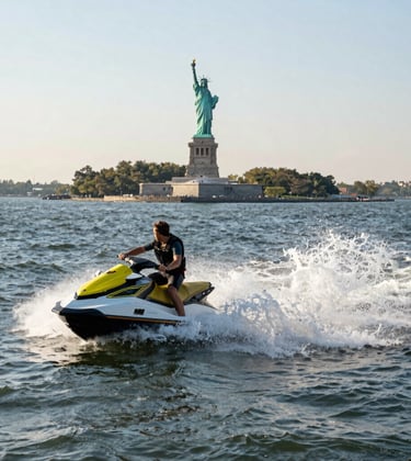 A dynamic action shot of a person on a jet ski in the harbor, with the Statue of Liberty in the distance. The lighting is bright morning sun in a North American / NYC setting, capturing the ocean blue water and off-white gray splashes.