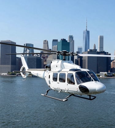 A professional aerial photograph of a helicopter flying over the Hudson River with the Manhattan skyline in the background. The scene is bright and professional, featuring sky blue water and deep navy blue buildings under clear North American / NYC skies.