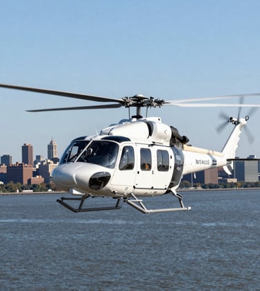 A professional photograph of a modern helicopter flying over the Hudson River, with the North American / NYC skyline and a clear sky blue horizon in the background. The lighting is bright and crisp.