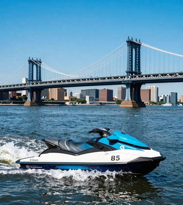 An action photograph of a jet ski on the river with the Manhattan bridge in the background, featuring vibrant sky blue water under a bright North American / NYC sun.