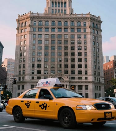 A detailed shot of a classic North American / NYC yellow taxi passing by a historic landmark building under a soft powder blue sky. The composition is dynamic and clean.