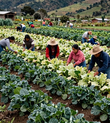 A group of people in the South American / Ecuadorian Oriente, engaged in a collaborative community farming project. They are working together in a sun-drenched field, surrounded by vibrant dark green and pale green crops. The style is natural and authentic photography.