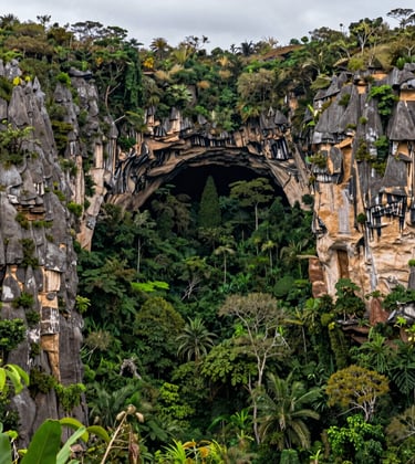 A breathtaking landscape photo of the karst topography and dense jungle surrounding the entrance to the Cueva de los Tayos in the South American / Ecuadorian oriente. The composition highlights the natural beauty and vastness of the territory with tan earth tones and vibrant green vegetation.