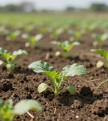 Photography of fertile Amazonian soil with young vegetable sprouts growing, South American agricultural setting, bright midday light, soft green tones.