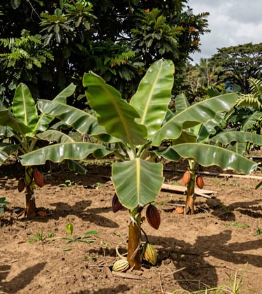 A high-quality photograph of a thriving family farm in the South American / Ecuadorian Amazon. Tropical plants like cacao and plantain grow in a sustainable, organic layout. Soft sunlight filters through dark green leaves and hits the rich tan soil.