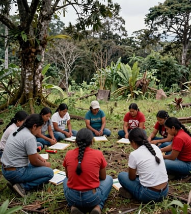 Photography of a community group of South American / Ecuadorian people working on a social development project in a rural forest clearing, natural lighting, organic mood.