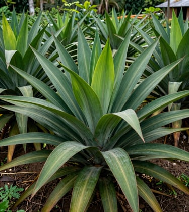 Detailed photography of Amazonian crops like yucca or plantain growing in an organic family farm, vibrant green leaves, South American region.