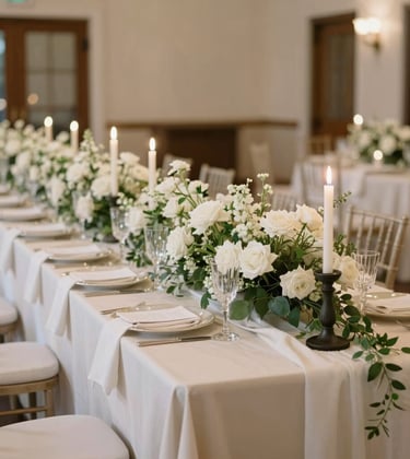 A wide-angle shot of a refined North American / US wedding reception table. Tall candles in dark charcoal holders stand amongst lush, low-profile white floral runners. The setting is a sophisticated indoor venue with soft, warm evening light and cream linens.