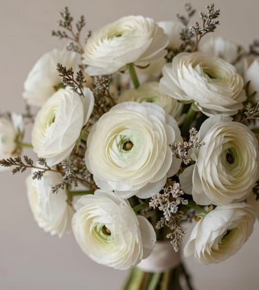 A detailed macro photograph of a bespoke wedding bouquet featuring ivory ranunculus and delicate muted grey-brown dried textures. The composition is artistic and intimate, captured in soft natural light against a light taupe background. North American / US style.