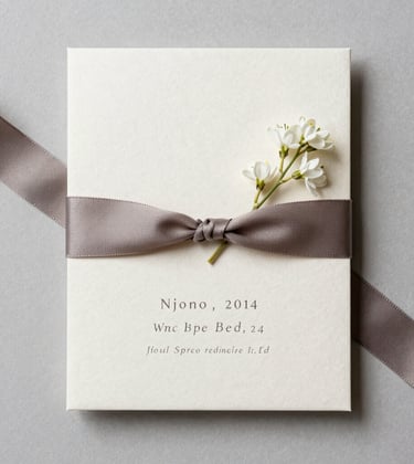 An elegant flat-lay of high-end wedding invitations on textured cream paper, paired with a sophisticated muted grey-brown silk ribbon and a single white sprig. Clean, minimalist composition with professional studio lighting. North American / US context.