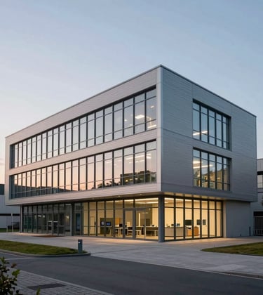 Exterior shot of a modern research facility in the Aachen-Jülich region. The architecture is minimalist Western European design, featuring steel and glass. Evening lighting creates a professional and trustworthy aura, emphasizing the facility's role in institutional AI development.