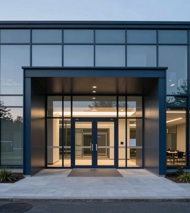 Architectural photography of a minimalist, secure facility entrance in the Benelux region. Modern glass and dark blue steel construction, evening lighting, conveying stability, control, and authority.