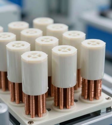 Clean, macro photography of high-density cooling components and copper heat reuse systems in a modern facility. The lighting is bright and industrial, using off-white and mid blue tones, emphasizing precision engineering.