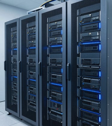 Photography of a high-density GPU server cluster inside a clean, modern data hall in Western Europe. The equipment is illuminated by subtle blue LED accents with a light blue-grey metal finish. Sharp focus on the hardware engineering, conveying security and cutting-edge innovation.