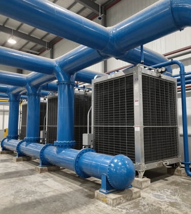 Interior view of industrial-scale high-density cooling infrastructure. Large slate blue pipes and advanced heat reuse systems are visible. Clean, professional composition showcasing Western European industrial engineering and energy-aware site planning.