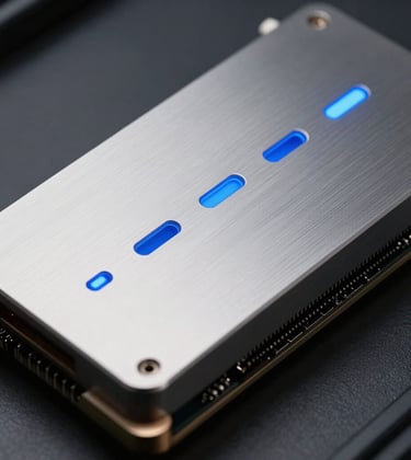 Close-up cinematic shot of state-of-the-art GPU hardware modules. Sleek brushed metal surfaces with subtle steel blue glowing indicators, captured in a clean and high-tech photography style.